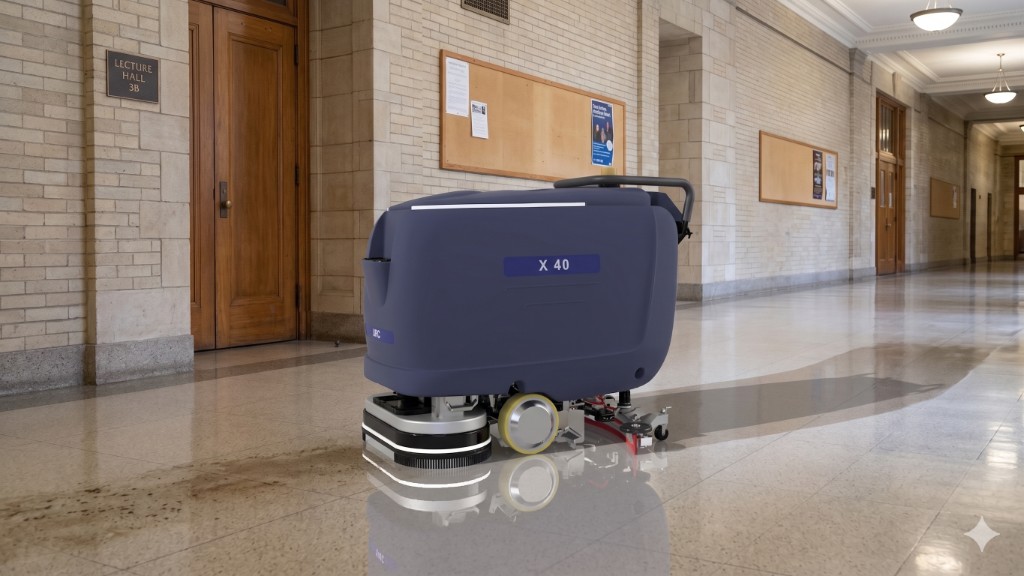 URC X40 autonomous floor scrubber in an education facility hallway