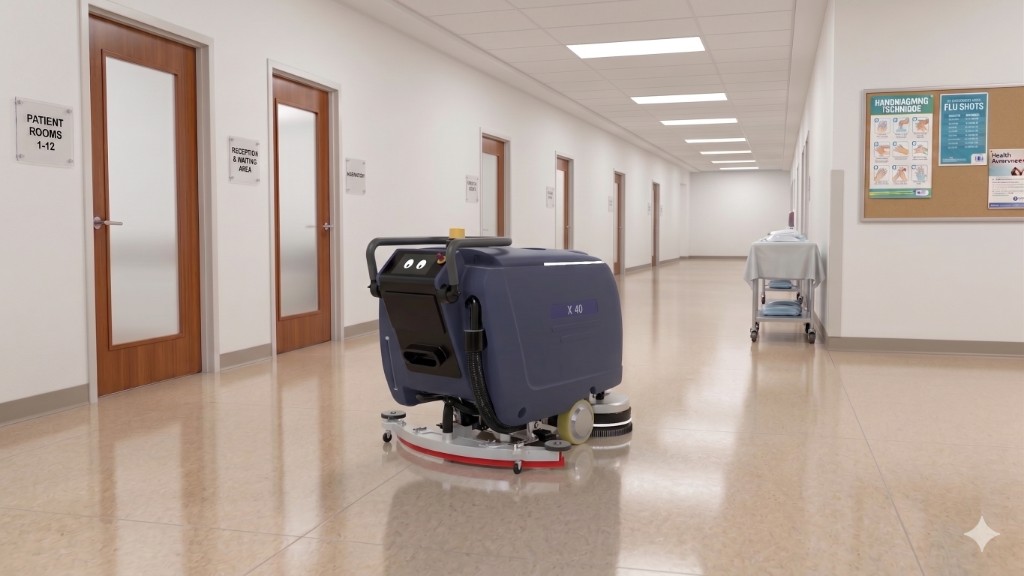 URC X40 autonomous floor scrubber in a healthcare facility hallway