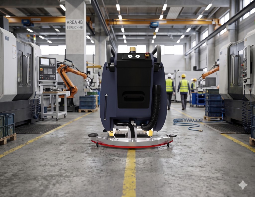URC autonomous floor scrubber in a modern manufacturing facility with machinery and workers