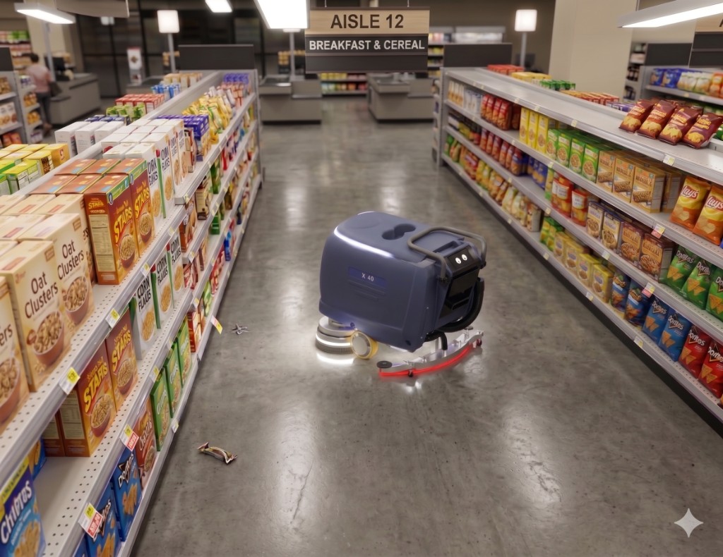 URC X40 autonomous floor scrubber in a grocery store aisle with shelves and polished floors