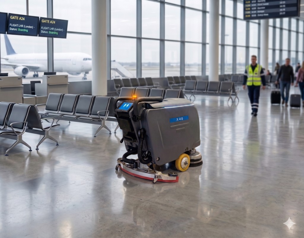 URC X40 autonomous floor scrubber in a bright airport terminal with gates and aircraft visible through windows