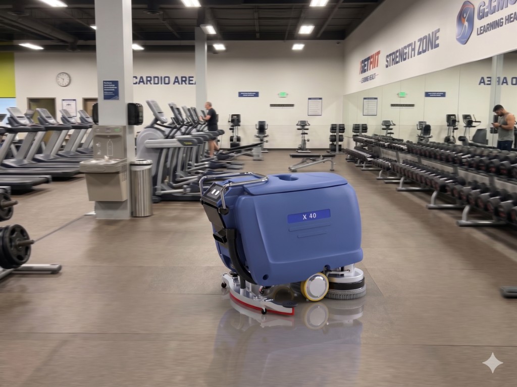 URC X40 autonomous floor scrubber in a modern indoor workspace